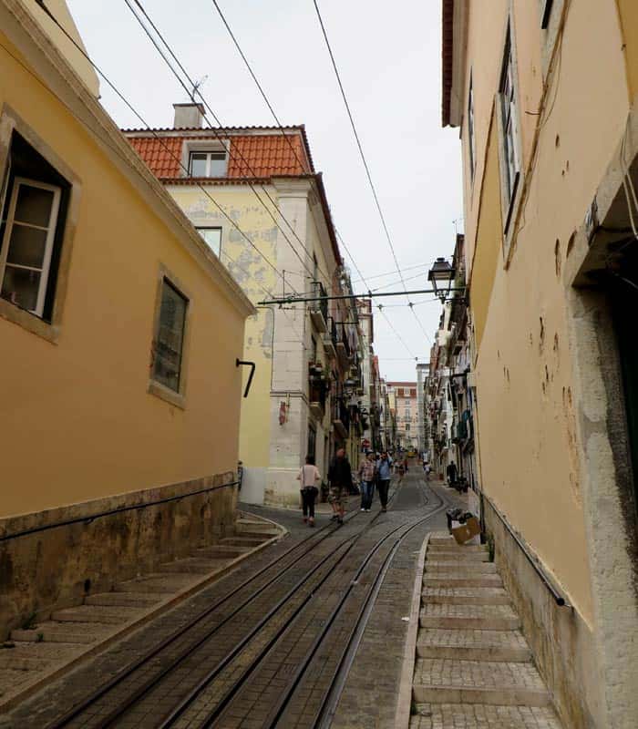 Raíles del ascensor da Bica ruta por el Chiado